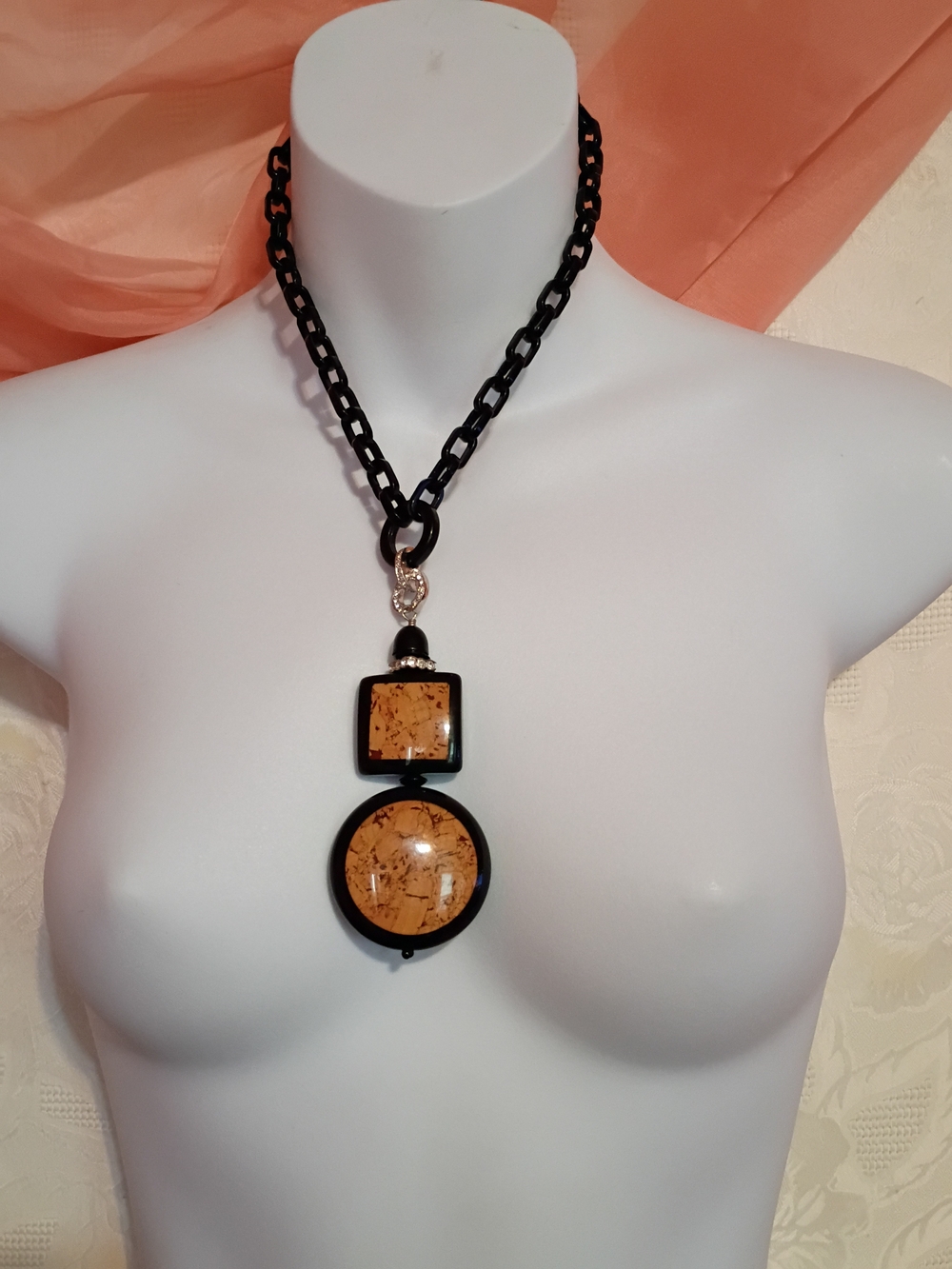 Vintage Black Necklace with Tan Resin Square and Round Pendants